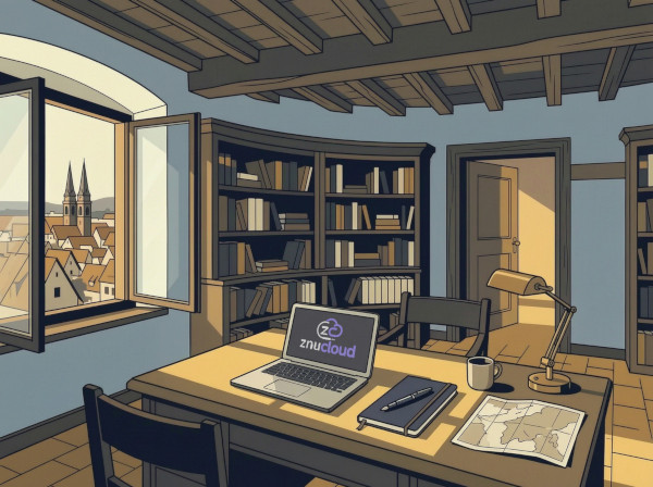 A scholar's study in a European city, with open book, map, lamp, and bookshelves